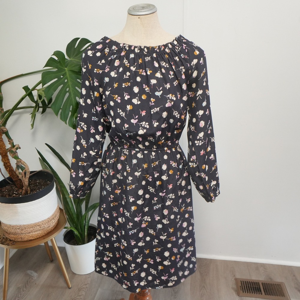 Rebecca Taylor Silk Floral Dress Womens 4 Black Long Sleeve‎ Midi Repair Needed